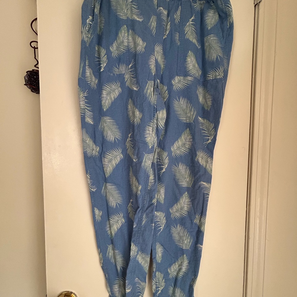 Per Se Blue Leaf Print Summer Linen Pants
